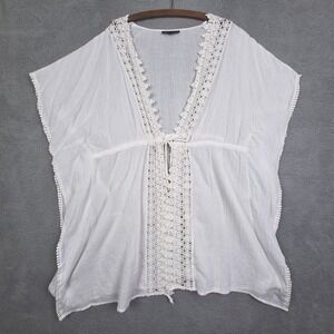 Club Z Collection Swim Cover Up Womens 2X White Cotton Crochet Boho‎ Kaftan
